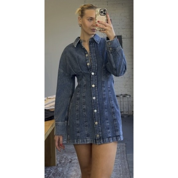 Reformation Dresses & Skirts - Reformation Roxanna Cinch Waist Denim Mini Dress‎ Blue Button Front Size 6